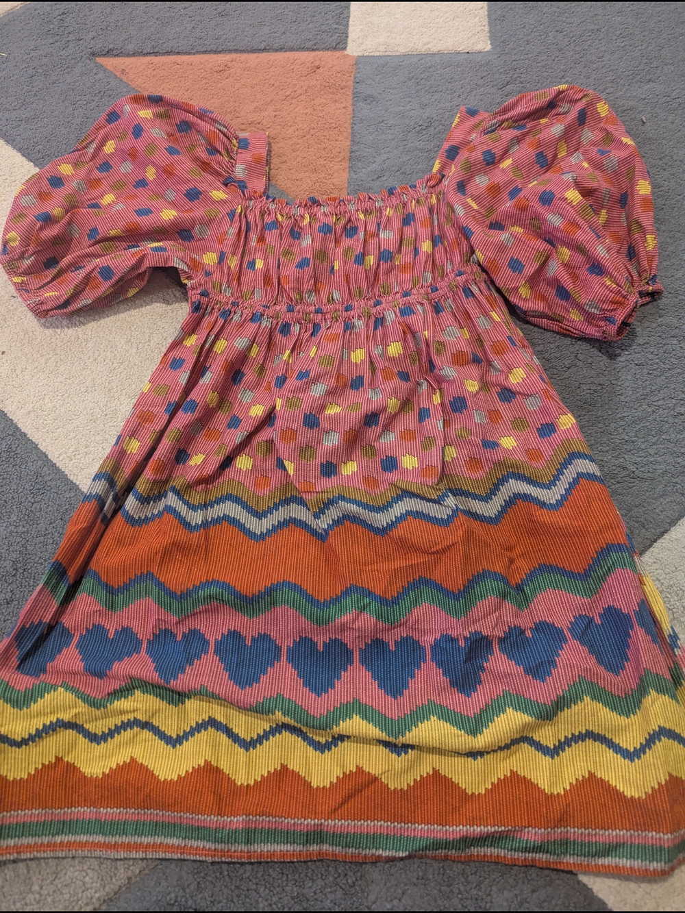 Fabula Girls Pink Multicolor Smocked Puff Sleeve Dress